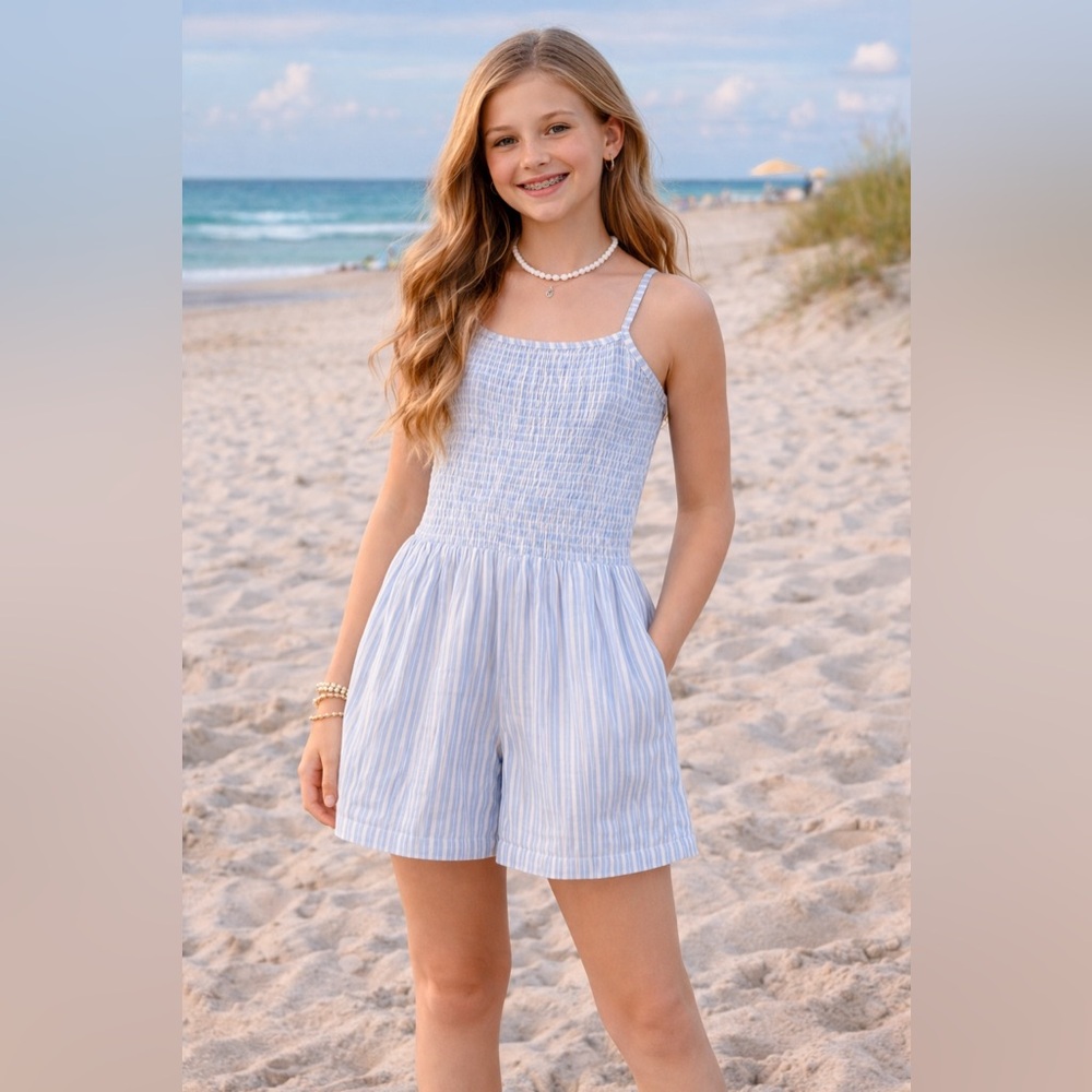 Angie Girls Striped Smocked Detail Romper Size X Large NWT